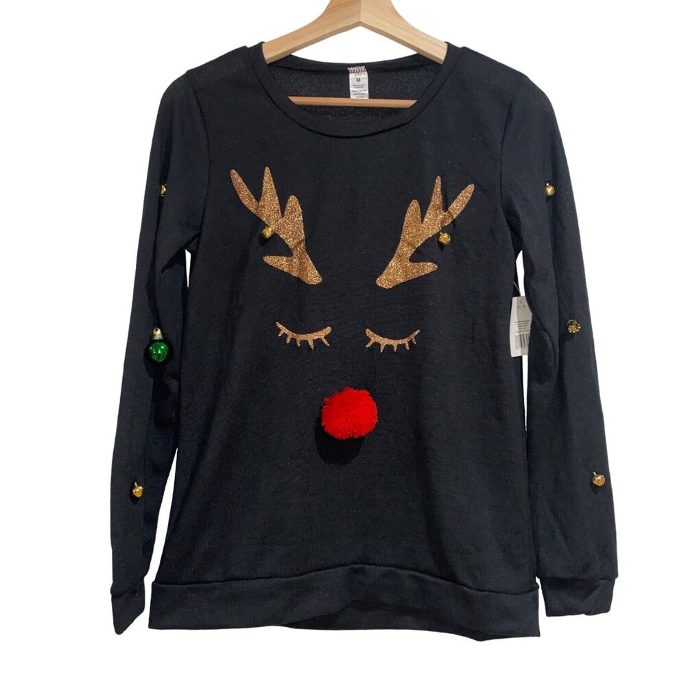 Rudolph Red Nose Reindeer Black Knit Pullover Sweater Jingle Bells Christmas